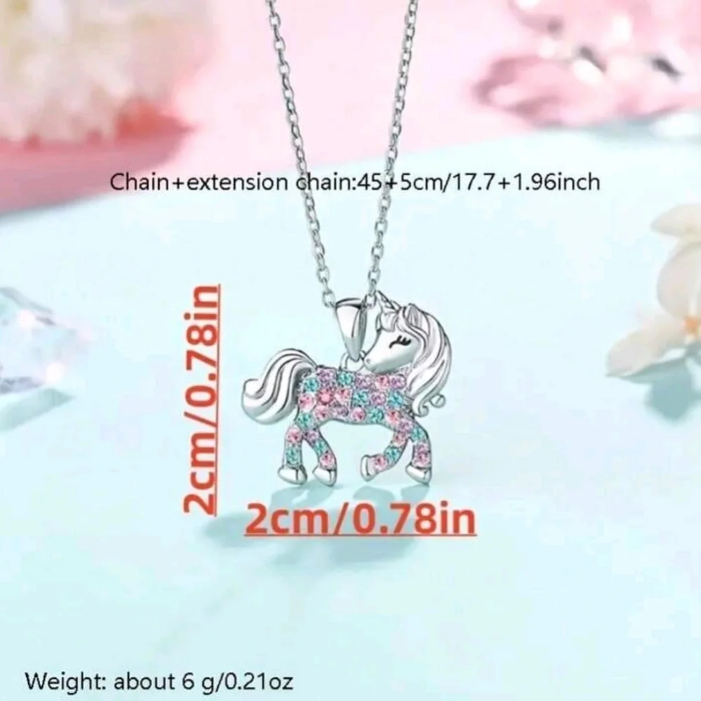 925 Sterling Silver Multi-Color Crystal Unicorn Pendant Girls Necklace 18